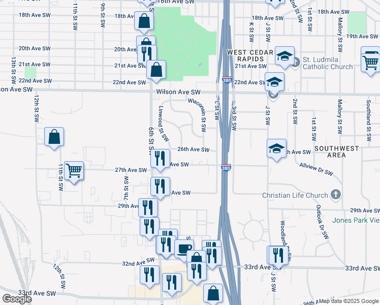 map of restaurants, bars, coffee shops, grocery stores, and more near 387 26th Avenue Southwest in Cedar Rapids