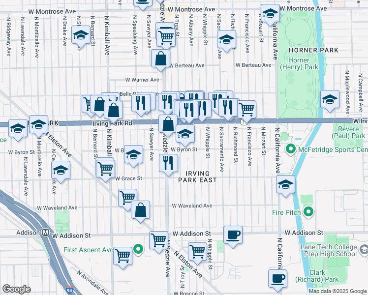 map of restaurants, bars, coffee shops, grocery stores, and more near 3120 West Byron Street in Chicago