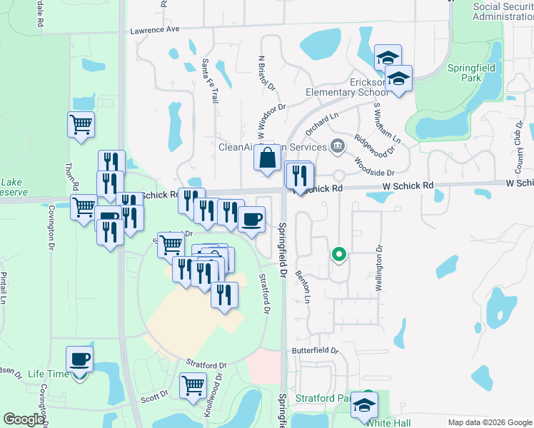 map of restaurants, bars, coffee shops, grocery stores, and more near 158 Paxton Road in Bloomingdale