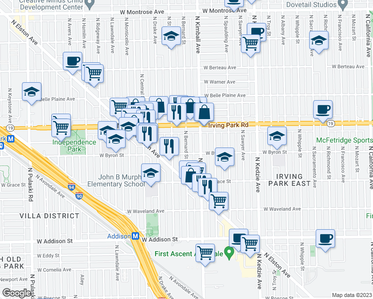 map of restaurants, bars, coffee shops, grocery stores, and more near 3906 North Bernard Street in Chicago