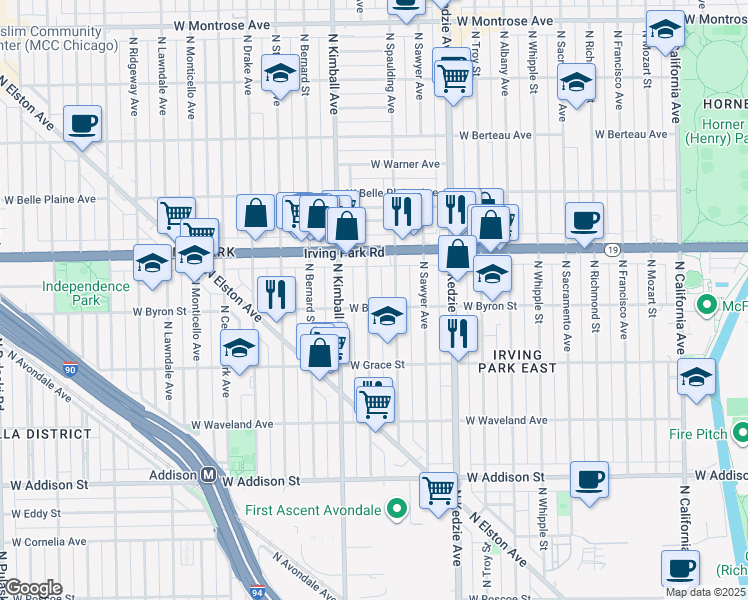 map of restaurants, bars, coffee shops, grocery stores, and more near 3834 North Spaulding Avenue in Chicago