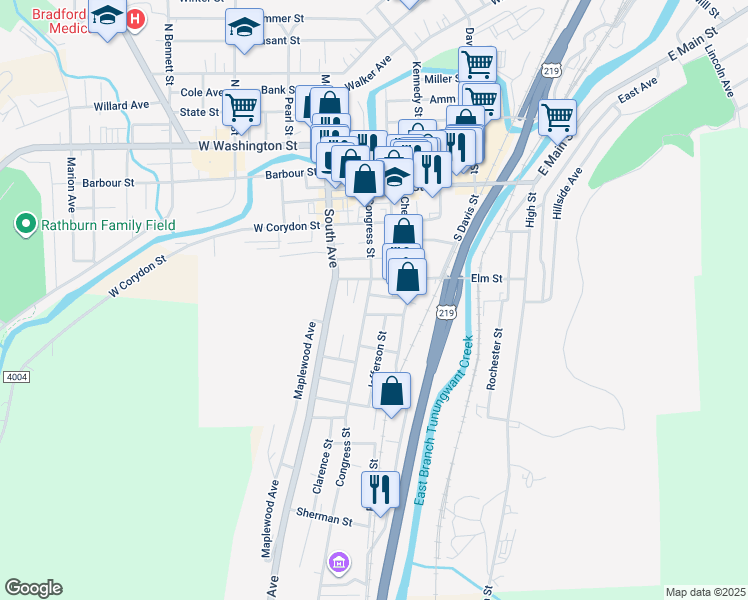 map of restaurants, bars, coffee shops, grocery stores, and more near 111 Congress Street in Bradford