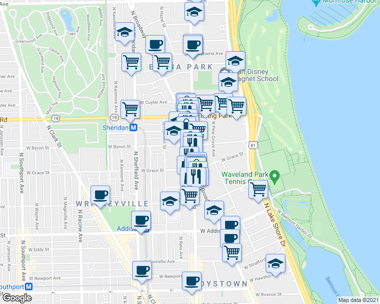 map of restaurants, bars, coffee shops, grocery stores, and more near 3823 North Broadway in Chicago