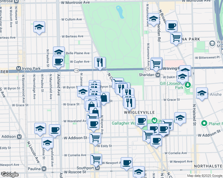 map of restaurants, bars, coffee shops, grocery stores, and more near 3831 North Lakewood Avenue in Chicago