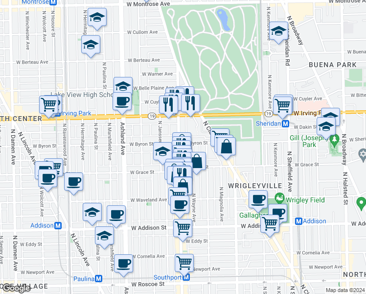 map of restaurants, bars, coffee shops, grocery stores, and more near 3846 North Southport Avenue in Chicago