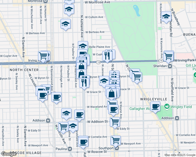map of restaurants, bars, coffee shops, grocery stores, and more near 3846 North Janssen Avenue in Chicago