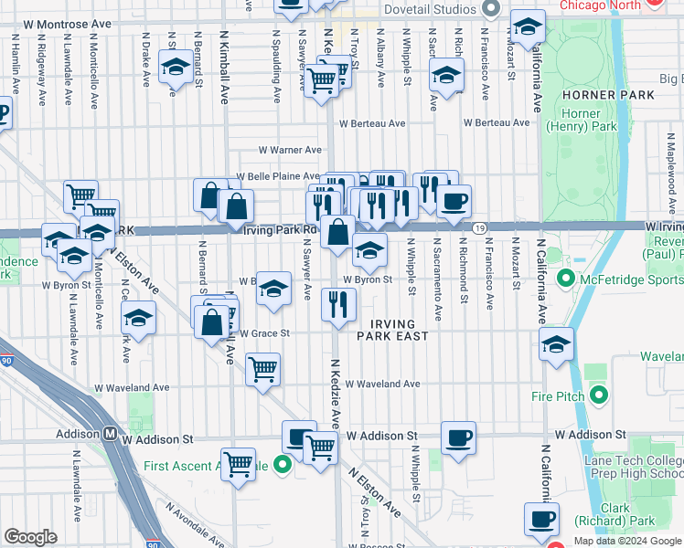 map of restaurants, bars, coffee shops, grocery stores, and more near 3859 North Kedzie Avenue in Chicago