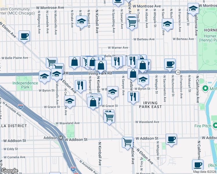 map of restaurants, bars, coffee shops, grocery stores, and more near 3834 North Spaulding Avenue in Chicago
