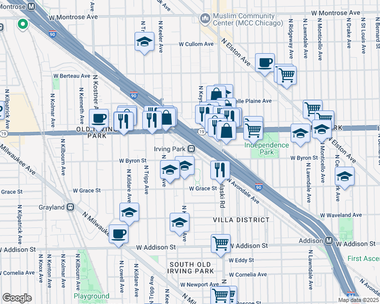 map of restaurants, bars, coffee shops, grocery stores, and more near 4130 West Byron Street in Chicago