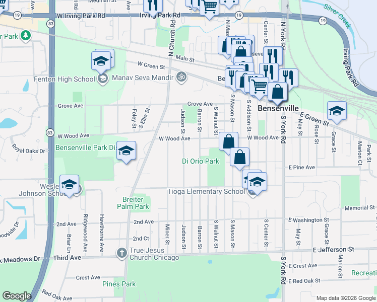 map of restaurants, bars, coffee shops, grocery stores, and more near 227 Judson Street in Bensenville