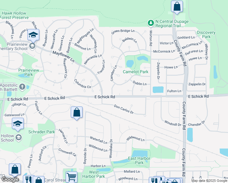 map of restaurants, bars, coffee shops, grocery stores, and more near 4409 Edinburg Lane in Hanover Park