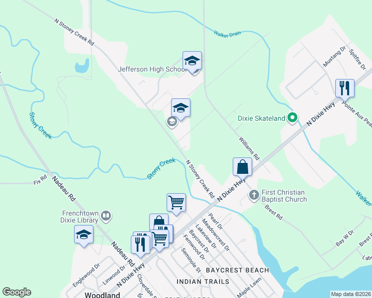 map of restaurants, bars, coffee shops, grocery stores, and more near 5070 North Stoney Creek Road in Monroe