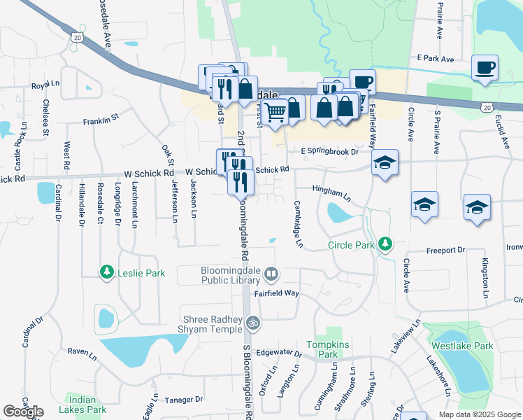 map of restaurants, bars, coffee shops, grocery stores, and more near 159 South Bloomingdale Road in Bloomingdale