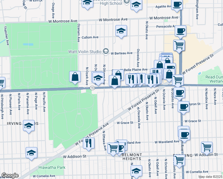 map of restaurants, bars, coffee shops, grocery stores, and more near 3954 North Oriole Avenue in Chicago