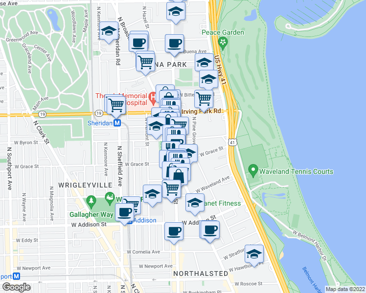 map of restaurants, bars, coffee shops, grocery stores, and more near 3823 North Broadway in Chicago