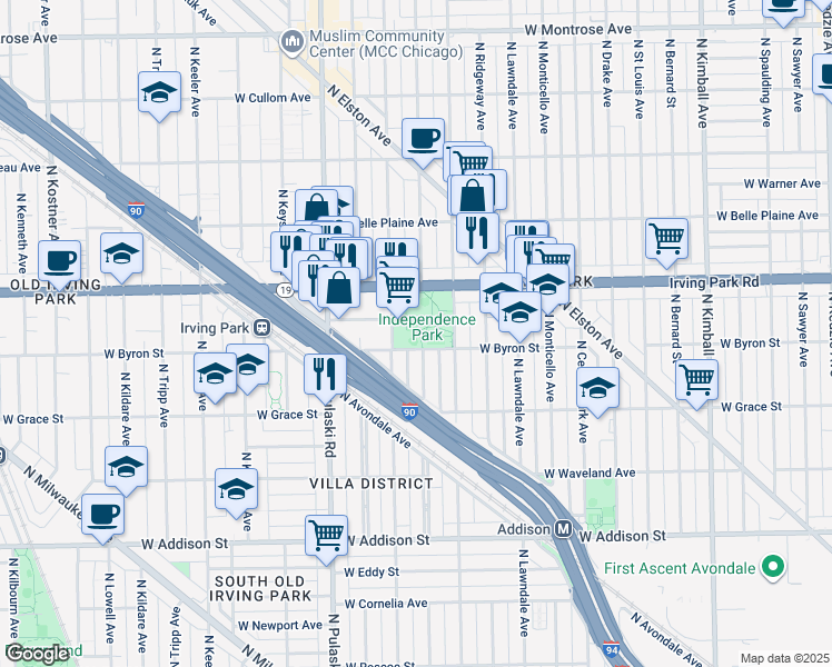 map of restaurants, bars, coffee shops, grocery stores, and more near 3816 West Byron Street in Chicago