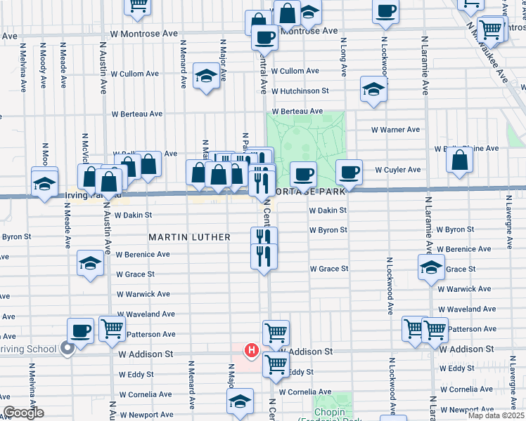 map of restaurants, bars, coffee shops, grocery stores, and more near 3942 North Central Avenue in Chicago