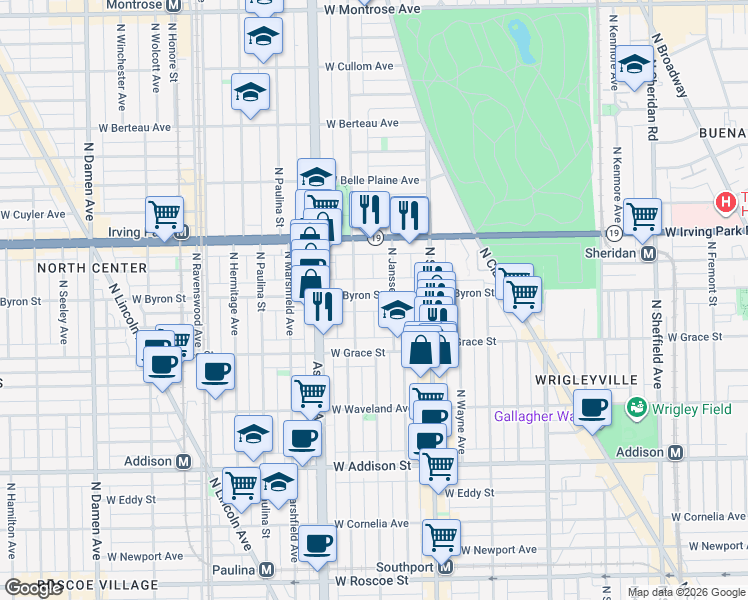 map of restaurants, bars, coffee shops, grocery stores, and more near 1461 West Byron Street in Chicago