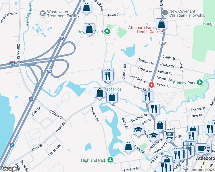 map of restaurants, bars, coffee shops, grocery stores, and more near 70 West Street in Attleboro