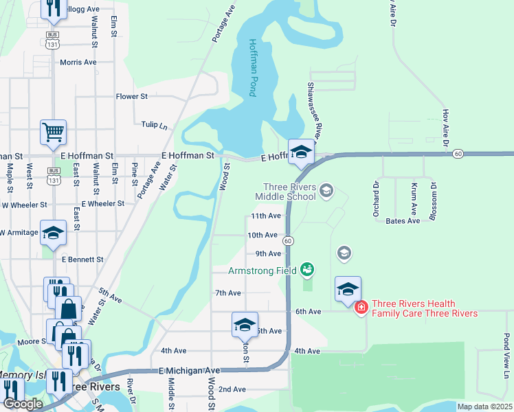 map of restaurants, bars, coffee shops, grocery stores, and more near 422 11th Avenue in Three Rivers