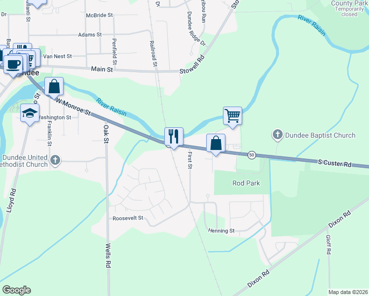 map of restaurants, bars, coffee shops, grocery stores, and more near 424 East Monroe Street in Dundee