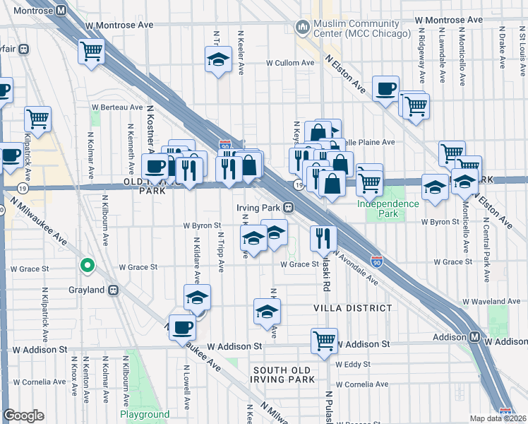 map of restaurants, bars, coffee shops, grocery stores, and more near 3905 North Keeler Avenue in Chicago