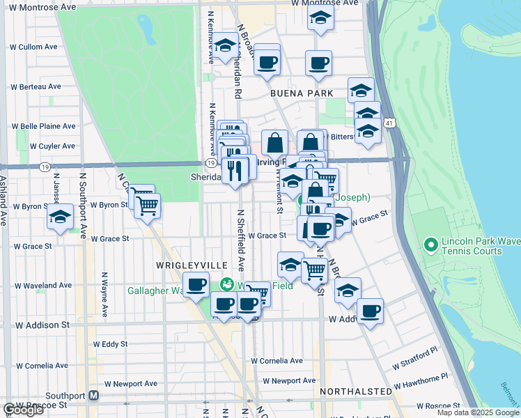map of restaurants, bars, coffee shops, grocery stores, and more near 3825 North Sheffield Avenue in Chicago