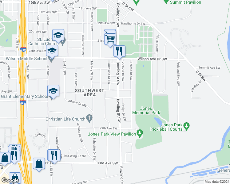 map of restaurants, bars, coffee shops, grocery stores, and more near 5 26th Avenue Southwest in Cedar Rapids