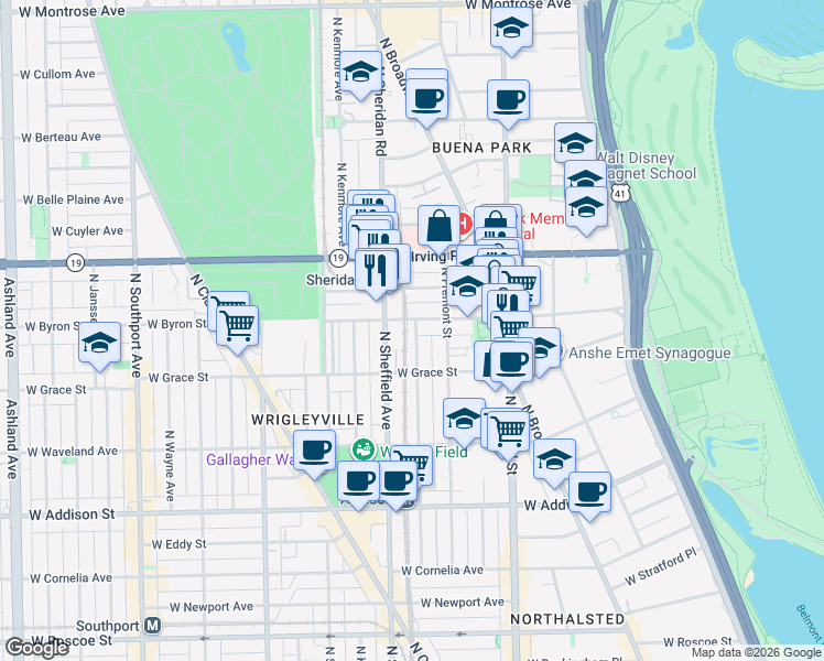 map of restaurants, bars, coffee shops, grocery stores, and more near 3825 North Sheffield Avenue in Chicago