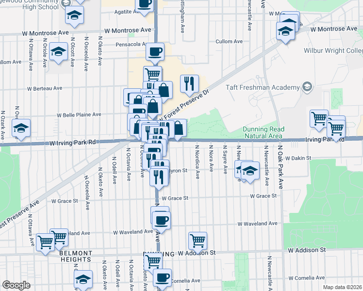 map of restaurants, bars, coffee shops, grocery stores, and more near 7135 West Irving Park Road in Chicago