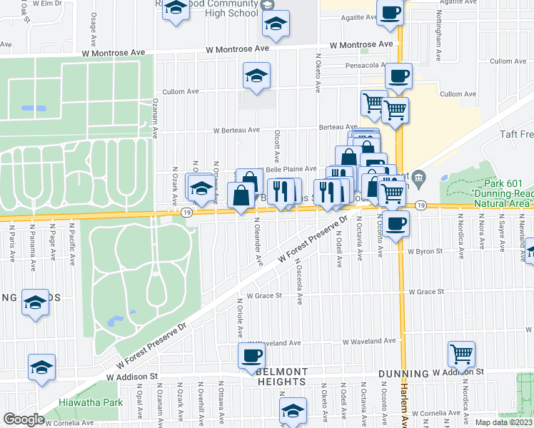 map of restaurants, bars, coffee shops, grocery stores, and more near 7511 West Irving Park Road in Chicago