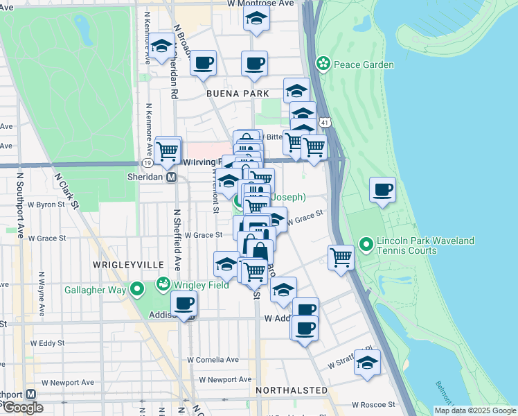 map of restaurants, bars, coffee shops, grocery stores, and more near 3823 North Broadway in Chicago