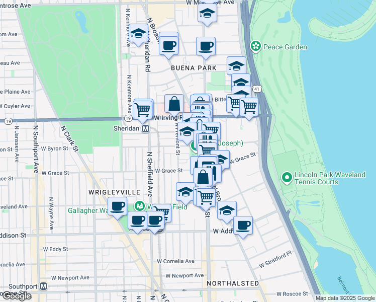 map of restaurants, bars, coffee shops, grocery stores, and more near 831 West Sheridan Road in Chicago