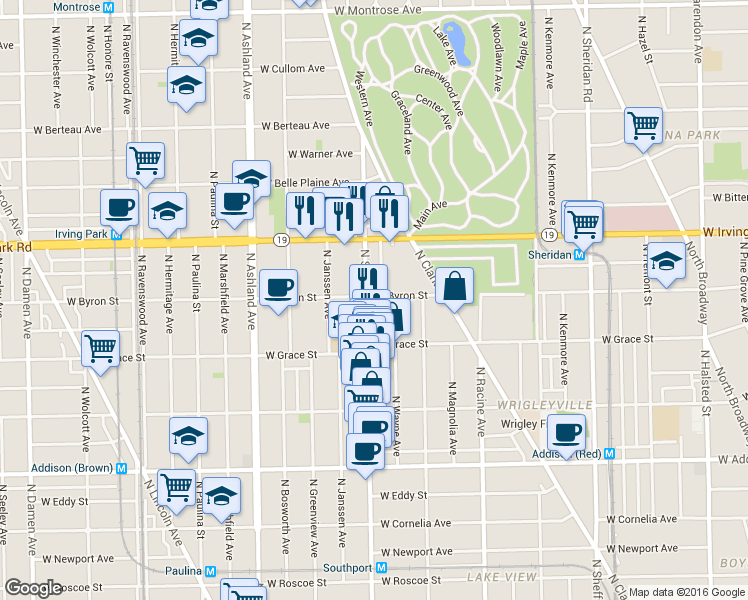 map of restaurants, bars, coffee shops, grocery stores, and more near 3846 North Southport Avenue in Chicago