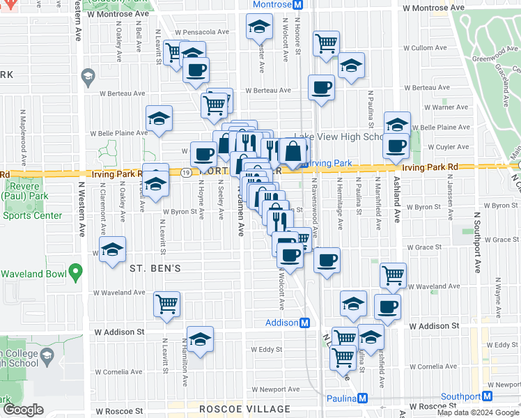 map of restaurants, bars, coffee shops, grocery stores, and more near 3868 North Lincoln Avenue in Chicago