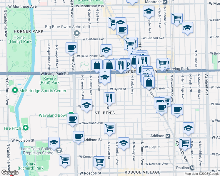 map of restaurants, bars, coffee shops, grocery stores, and more near 3850 North Hamilton Avenue in Chicago