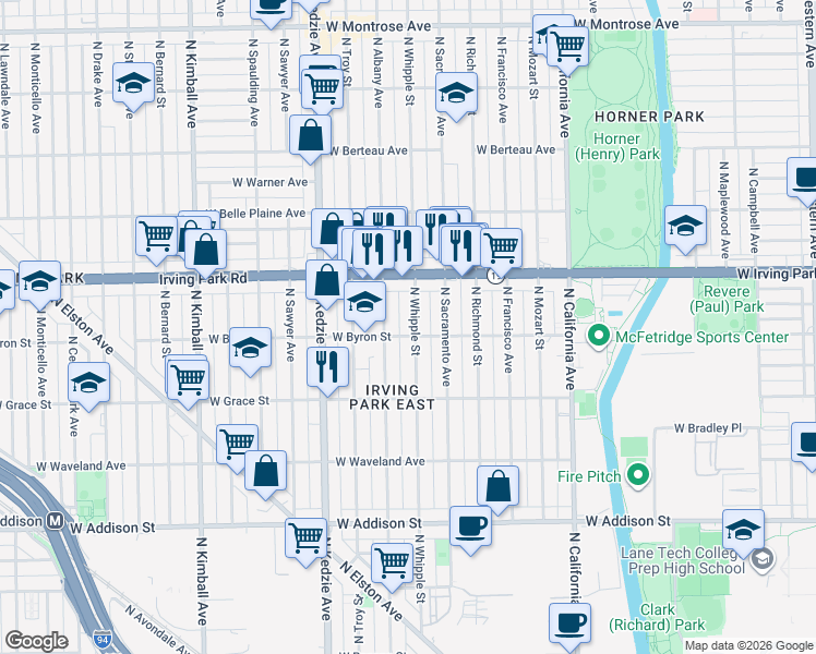 map of restaurants, bars, coffee shops, grocery stores, and more near 3859 North Albany Avenue in Chicago