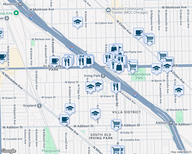 map of restaurants, bars, coffee shops, grocery stores, and more near 4130 West Byron Street in Chicago