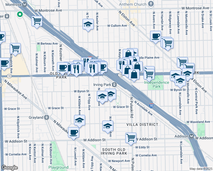 map of restaurants, bars, coffee shops, grocery stores, and more near 3905 North Keeler Avenue in Chicago