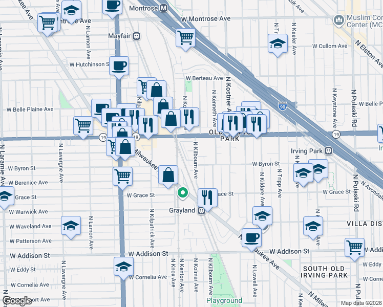 map of restaurants, bars, coffee shops, grocery stores, and more near 4500 West Byron Street in Chicago