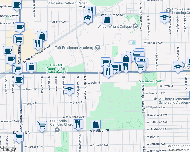 map of restaurants, bars, coffee shops, grocery stores, and more near 6726 West Dakin Street in Chicago