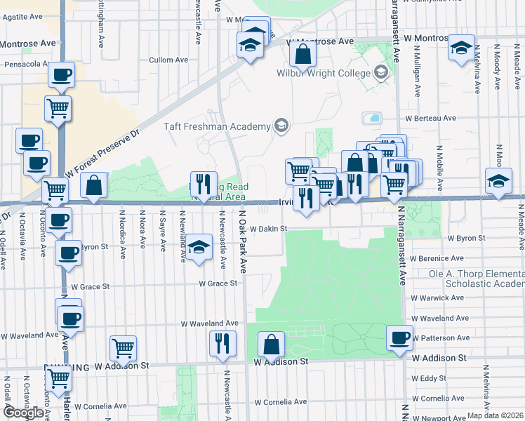 map of restaurants, bars, coffee shops, grocery stores, and more near 6726 West Dakin Street in Chicago