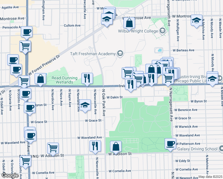 map of restaurants, bars, coffee shops, grocery stores, and more near 6726 West Dakin Street in Chicago