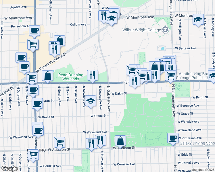 map of restaurants, bars, coffee shops, grocery stores, and more near 3934 North Oak Park Avenue in Chicago