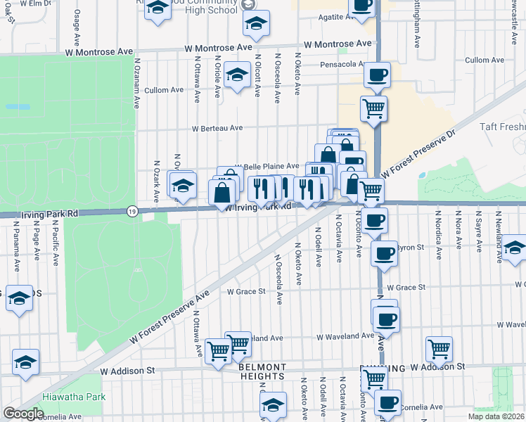 map of restaurants, bars, coffee shops, grocery stores, and more near 3947 North Olcott Avenue in Chicago