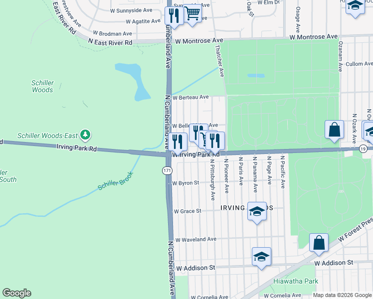 map of restaurants, bars, coffee shops, grocery stores, and more near 8335 Irving Park Road in Chicago