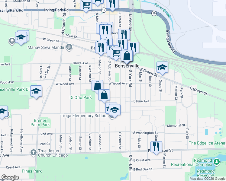 map of restaurants, bars, coffee shops, grocery stores, and more near 231 South Addison Street in Bensenville