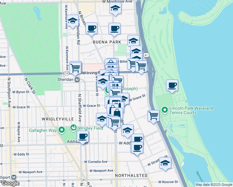 map of restaurants, bars, coffee shops, grocery stores, and more near 3823 North Broadway in Chicago