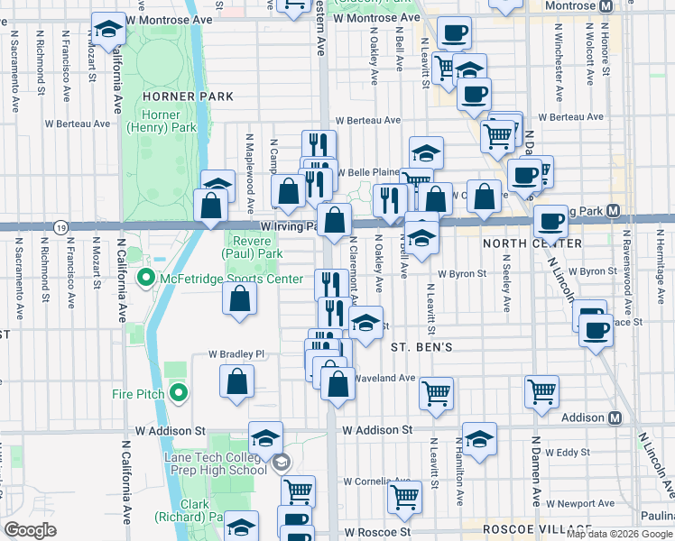 map of restaurants, bars, coffee shops, grocery stores, and more near 3838 North Western Avenue in Chicago