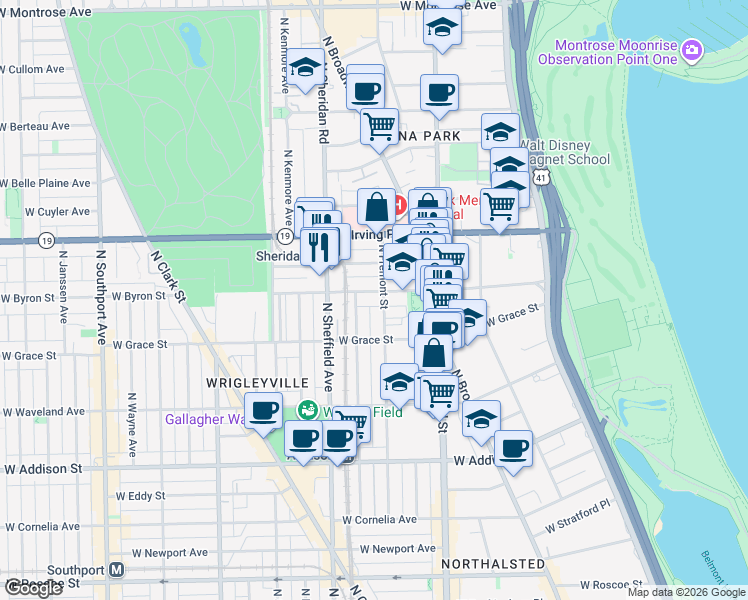 map of restaurants, bars, coffee shops, grocery stores, and more near 3824 North Fremont Street in Chicago